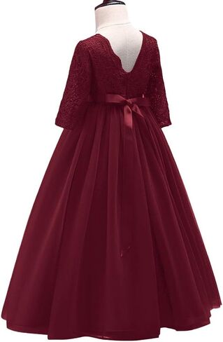 Flower Girls 3/4 Sleeve Deep V-Back Tulle Vintage Lace Wedding Party Long Dress Princess Communion Pageant Maxi Gown in Kuwait