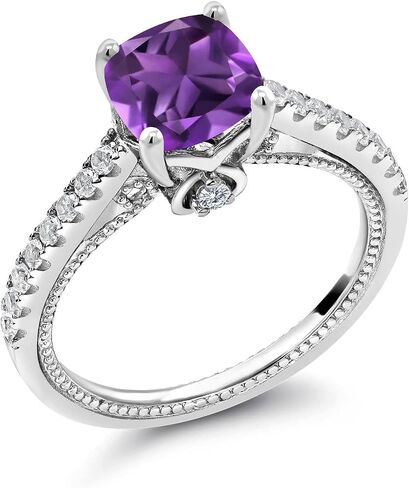 Gem Stone King 925 Sterling Silver Purple Amethyst and White Created Sapphire Ring For Women (1.70 Cttw, Cushion Cut 7MM, Gemstone Birthstone, Available In Size 5, 6, 7, 8, 9) in Saudi Arabia