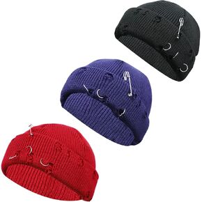 Knchy 3 Pcs Men Women Gothic Knitted Beanie Cap Warm Rolled Ripped Brimless Hat Punk Rock Hiphop Style Knit Skull Caps Unisex