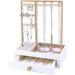 منظم مجوهرات BestAlice مع صندوق تخزين بأدراج بيضاء، حامل مجوهرات على الطاولة مع حامل منظم مجوهرات من 3 طبقات، عرض حامل مجوهرات للقلائد والأقراط والخواتم والأساور والساعات in Kuwait