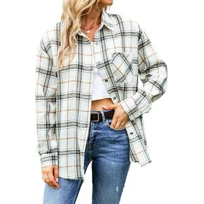 قمصان Tiko Miko Flannel للنساء بلوزات قميص منقوشة ناعمة كبيرة الحجم بأزرار سفلية in Kuwait