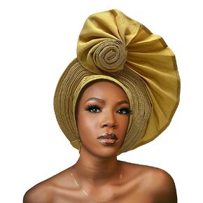 Nigerian Headtie African Head Wraps ASO Oke Gele Already Made Handmade African Turban Cap for Party (Gold)