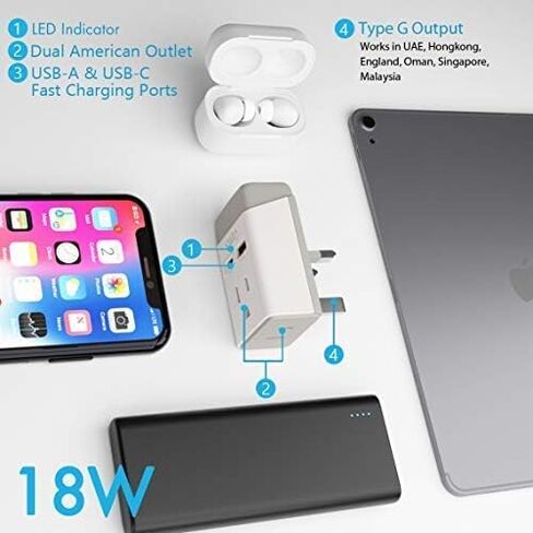 Ceptics أستراليا الصين نيوزيلندا محول قابس الطاقة 2 حزمة، QC 3.0 وPD، USB مزدوج آمن وUSB-C - 2 مقبس الولايات المتحدة الأمريكية للولايات المتحدة الأمريكية إلى أستراليا نيوزيلندا فيجي الأرجنتين، النوع I AP-16-2PK شحن سريع in Kuwait