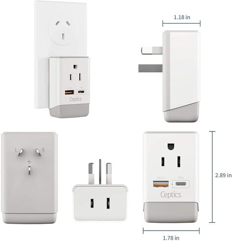 Ceptics أستراليا الصين نيوزيلندا محول قابس الطاقة 2 حزمة، QC 3.0 وPD، USB مزدوج آمن وUSB-C - 2 مقبس الولايات المتحدة الأمريكية للولايات المتحدة الأمريكية إلى أستراليا نيوزيلندا فيجي الأرجنتين، النوع I AP-16-2PK شحن سريع in Kuwait