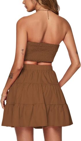Umenlele Women's 2 Piece Outfit Ruched Twist Tube Top and Ruffle Layer Short Mini Skirt in Kuwait