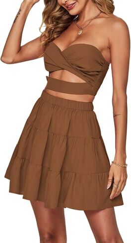Umenlele Women's 2 Piece Outfit Ruched Twist Tube Top and Ruffle Layer Short Mini Skirt in Kuwait