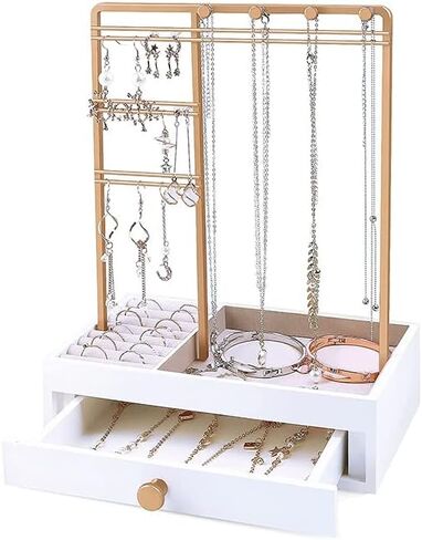 منظم مجوهرات BestAlice مع صندوق تخزين بأدراج بيضاء، حامل مجوهرات على الطاولة مع حامل منظم مجوهرات من 3 طبقات، عرض حامل مجوهرات للقلائد والأقراط والخواتم والأساور والساعات in Kuwait