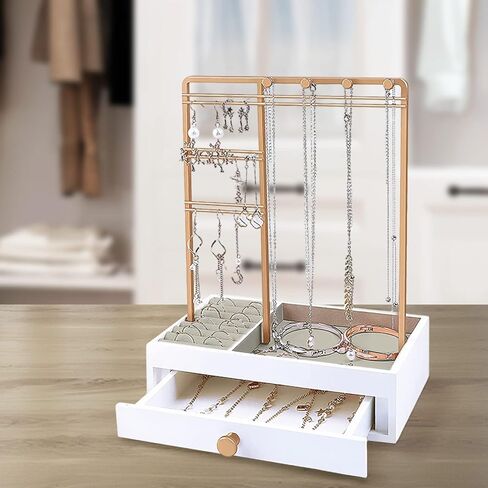 منظم مجوهرات BestAlice مع صندوق تخزين بأدراج بيضاء، حامل مجوهرات على الطاولة مع حامل منظم مجوهرات من 3 طبقات، عرض حامل مجوهرات للقلائد والأقراط والخواتم والأساور والساعات in Kuwait