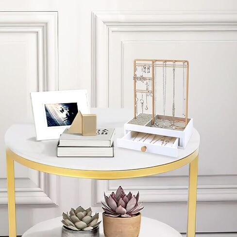 منظم مجوهرات BestAlice مع صندوق تخزين بأدراج بيضاء، حامل مجوهرات على الطاولة مع حامل منظم مجوهرات من 3 طبقات، عرض حامل مجوهرات للقلائد والأقراط والخواتم والأساور والساعات in Kuwait