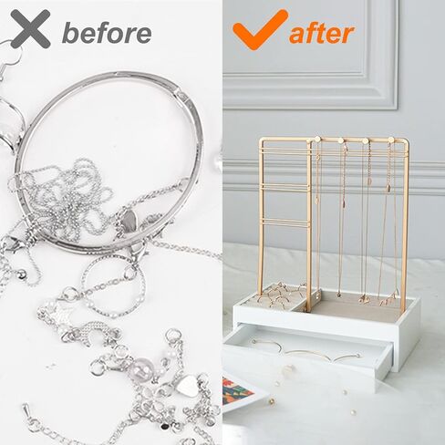 منظم مجوهرات BestAlice مع صندوق تخزين بأدراج بيضاء، حامل مجوهرات على الطاولة مع حامل منظم مجوهرات من 3 طبقات، عرض حامل مجوهرات للقلائد والأقراط والخواتم والأساور والساعات in Kuwait