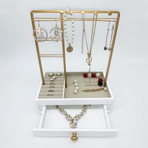 منظم مجوهرات BestAlice مع صندوق تخزين بأدراج بيضاء، حامل مجوهرات على الطاولة مع حامل منظم مجوهرات من 3 طبقات، عرض حامل مجوهرات للقلائد والأقراط والخواتم والأساور والساعات in Kuwait