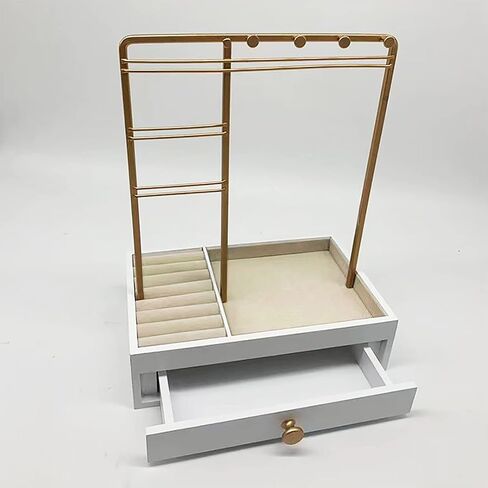 منظم مجوهرات BestAlice مع صندوق تخزين بأدراج بيضاء، حامل مجوهرات على الطاولة مع حامل منظم مجوهرات من 3 طبقات، عرض حامل مجوهرات للقلائد والأقراط والخواتم والأساور والساعات in Kuwait