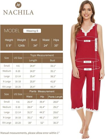NACHILA Pajama Set for Women-Viscose Made from Bamboo, Tank Top and Capri Pant Sleeveless Pjs Sets Cool Pajamas S-4XL in Kuwait