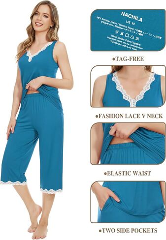 NACHILA Pajama Set for Women-Viscose Made from Bamboo, Tank Top and Capri Pant Sleeveless Pjs Sets Cool Pajamas S-4XL in Kuwait