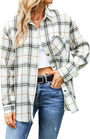قمصان Tiko Miko Flannel للنساء بلوزات قميص منقوشة ناعمة كبيرة الحجم بأزرار سفلية in Kuwait