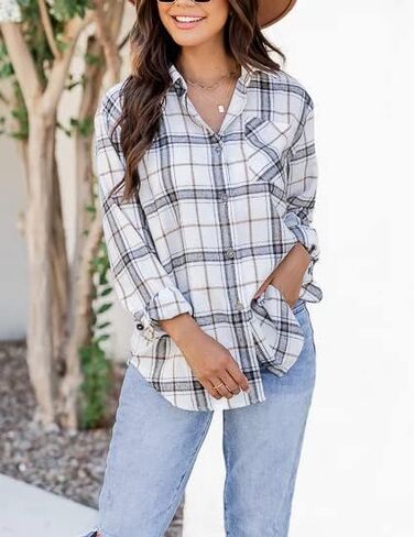 قمصان Tiko Miko Flannel للنساء بلوزات قميص منقوشة ناعمة كبيرة الحجم بأزرار سفلية in Kuwait