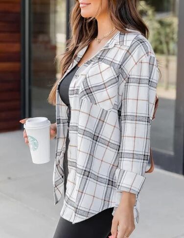 قمصان Tiko Miko Flannel للنساء بلوزات قميص منقوشة ناعمة كبيرة الحجم بأزرار سفلية in Kuwait
