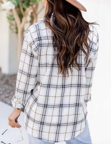 قمصان Tiko Miko Flannel للنساء بلوزات قميص منقوشة ناعمة كبيرة الحجم بأزرار سفلية in Kuwait