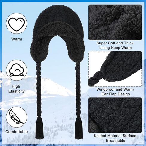 قبعة صياد محبوكة مع غطاء للاذن للشتاء للرجال والنساء للطقس البارد، اسود، مقاس واحد، قطعتين, أسود, One Size in Kuwait