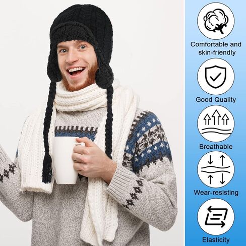 قبعة صياد محبوكة مع غطاء للاذن للشتاء للرجال والنساء للطقس البارد، اسود، مقاس واحد، قطعتين, أسود, One Size in Kuwait