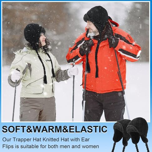 قبعة صياد محبوكة مع غطاء للاذن للشتاء للرجال والنساء للطقس البارد، اسود، مقاس واحد، قطعتين, أسود, One Size in Kuwait