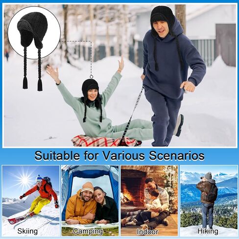 قبعة صياد محبوكة مع غطاء للاذن للشتاء للرجال والنساء للطقس البارد، اسود، مقاس واحد، قطعتين, أسود, One Size in Kuwait