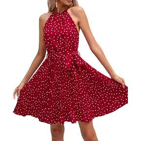 فستان نسائي قصير منقط من TEERFU، فساتين كوكتيل صيفية مرنة بدون أكمام ورقبة رسن مع حزام in Kuwait