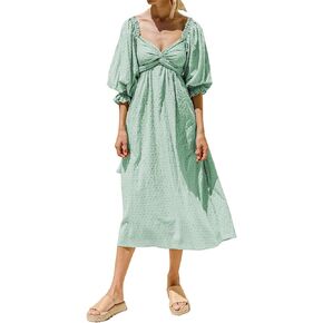 R.Vivimos Women's Summer Boho Cotton Puff Sleeve Dress Swiss Dots Lace Up Smocked Casual A-Line Flowy Midi Dress