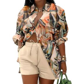 Mandonce 2 Piece Outfits for Women Long Sleeve Printed Shirt and Elastic Lace-Up Shorts with Pockets Sexy Casual Sport Set