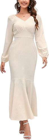 فستان نسائي طويل من Aossfre برقبة على شكل حرف V وأكمام طويلة مكشكشة على شكل حورية البحر in Kuwait