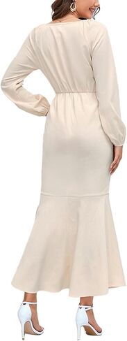 فستان نسائي طويل من Aossfre برقبة على شكل حرف V وأكمام طويلة مكشكشة على شكل حورية البحر in Kuwait