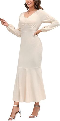 فستان نسائي طويل من Aossfre برقبة على شكل حرف V وأكمام طويلة مكشكشة على شكل حورية البحر in Kuwait