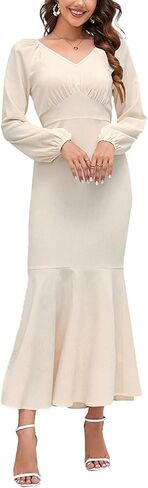 فستان نسائي طويل من Aossfre برقبة على شكل حرف V وأكمام طويلة مكشكشة على شكل حورية البحر in Kuwait