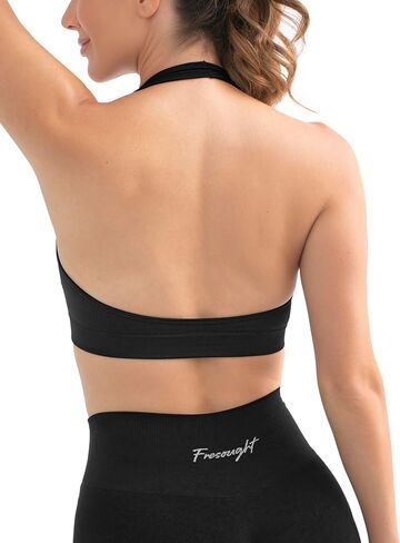 FRESOUGHT Halter Backless Sports Bras for Women, Open Back Seamless Padded Cropped Bras Low Impact Workout Fitness Tops in Kuwait