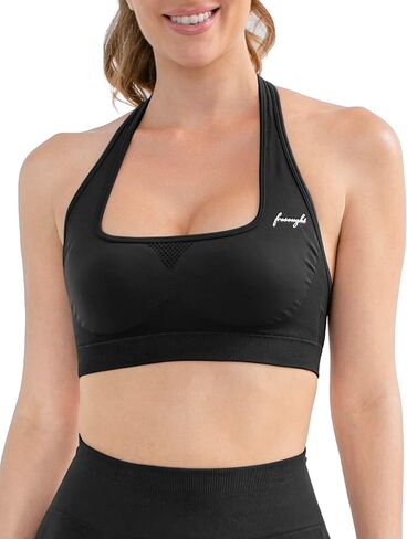 FRESOUGHT Halter Backless Sports Bras for Women, Open Back Seamless Padded Cropped Bras Low Impact Workout Fitness Tops in Kuwait