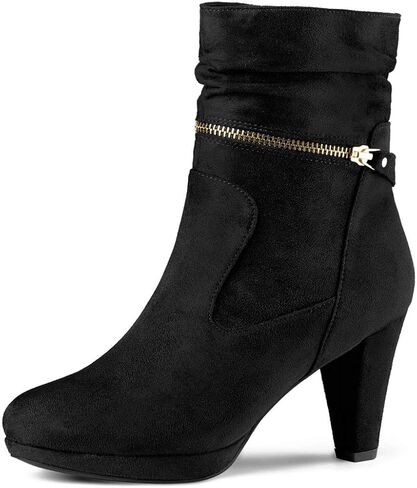 Allegra K Women's Ankle Zip Platform High Heel Mid Calf Boots | 8.1 inches Heel Boot for Women, Faux Suede, Slouch Decor Comfort Fall Chunky Heel Booties Casual Office in Kuwait