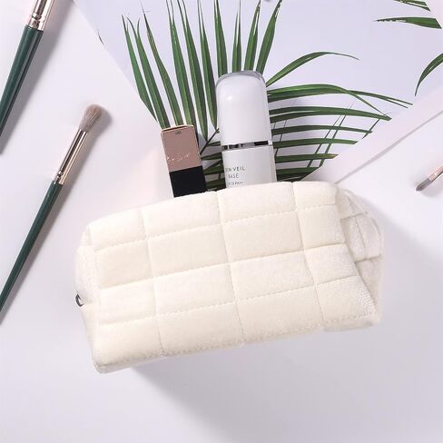 DIVINA VITAE Plush Fluffy Makeup Bag Travel Toiletry Bag Organizer Large Capacity Cute Checkered Aesthetic Brushes Storage Bag Y2k Accessories For Women Girls(White) in Saudi Arabia