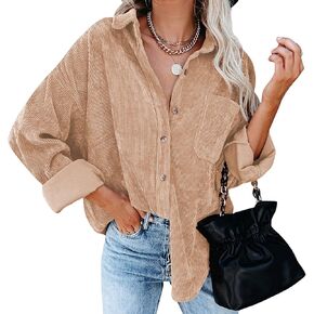 Womens Corduroy Shirts Long Sleeve Boyfriend Oversized Button Down Blouses Tops Casual Loose Jacket with Pockets