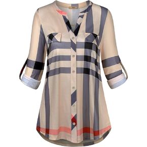 Miusey Women 3/4 Roll-Up Sleeve Plaid Tunic Blouse Button Down Casual Blouses Work Tops