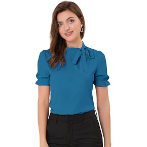 Allegra K Women's Bow Tie Neck Tops Elegant Office Short Sleeve Blouse