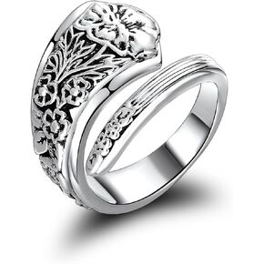 Zaoune Royal Rose Spoon Rings for Women, Victorian Adjustable Vintage Antique Silver Boho Thumb Jewelry for Women.