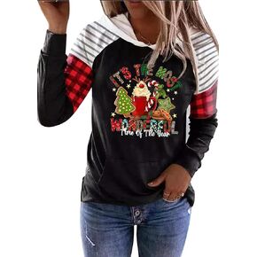 Merry Christmas Hoodies Women Xmas Buffalo Plaid Trees Blouse Tops Splicing Long Sleeve Holiday Sweatshirt