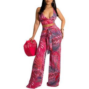 YouSexy Women's 2 Piece Wide Leg Pant Sets Floral Tie Front Crop Tops Long Pants Metching Outfits