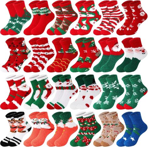 Suhine 24 Pairs Christmas Warm Crew Fuzzy Socks Soft Fluffy Christmas Socks Slipper Novelty Cozy Multi Holiday Socks for Women Men Unisex Adult Holiday Winter Xmas Pattern Gifts in Saudi Arabia