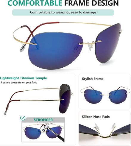 Eyekepper Rimless Titanium Frame Polarized Sunglasses Gold/Blue Mirror in Kuwait