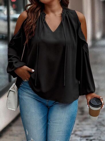 OYOANGLE Women's Plus Size Cut Out Lantern Long Sleeve Cold Shoulder Tie Neck Blouse Tops in Saudi Arabia