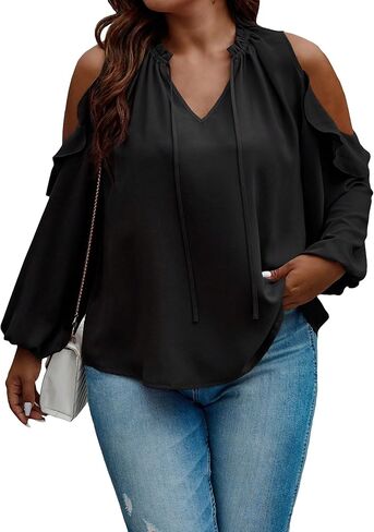 OYOANGLE Women's Plus Size Cut Out Lantern Long Sleeve Cold Shoulder Tie Neck Blouse Tops in Saudi Arabia