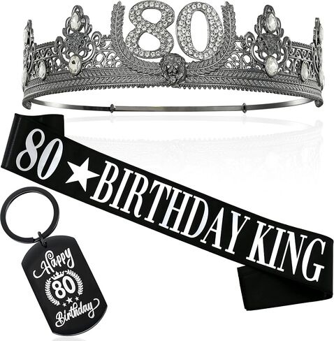 80TH Birthday King Crown and 80th Birthday King Sash and Keychain,80TH Birthday Party Decorations for Men in Saudi Arabia