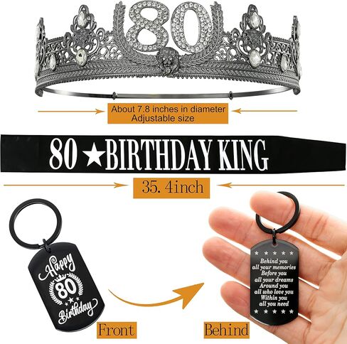 80TH Birthday King Crown and 80th Birthday King Sash and Keychain,80TH Birthday Party Decorations for Men in Saudi Arabia
