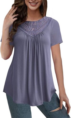 AAMILIFE المرأة بلوزات حجم كبير قمصان قصيرة الأكمام الدانتيل مطوي تونك السببية المحملة البلوزات M-4XL in Kuwait
